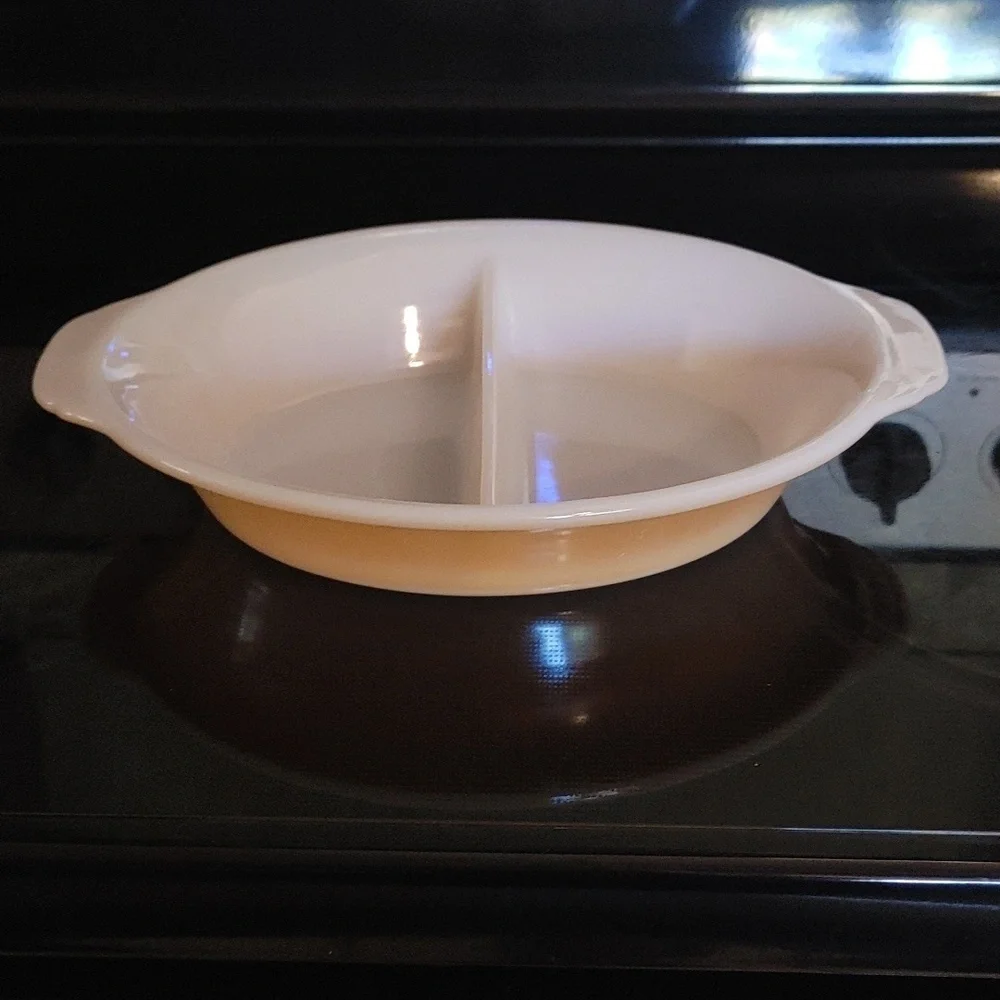 468 FIRE KING Peach Lustre Divided Oval Baking Casserole Dish